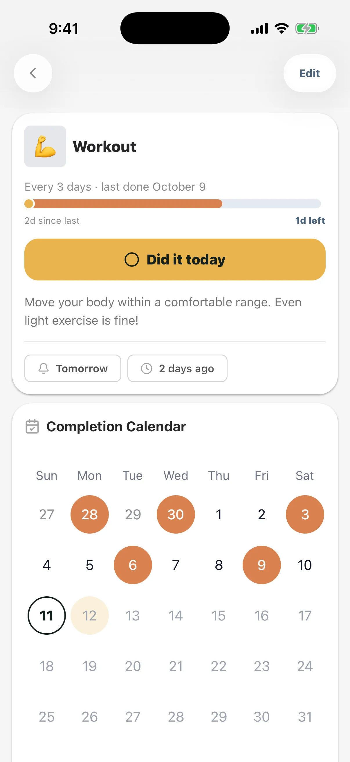 Task details and completion calendar